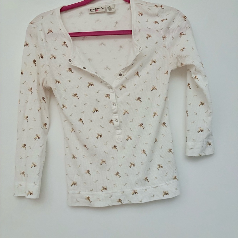 Ralph Lauren White 3/4 Sleeve Snap Front Top with Floral Print